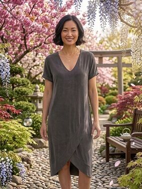 Dolan | Anthropologie | Cupro Deep V-Neck Short Sleeve MIDI Dress | See Measurem